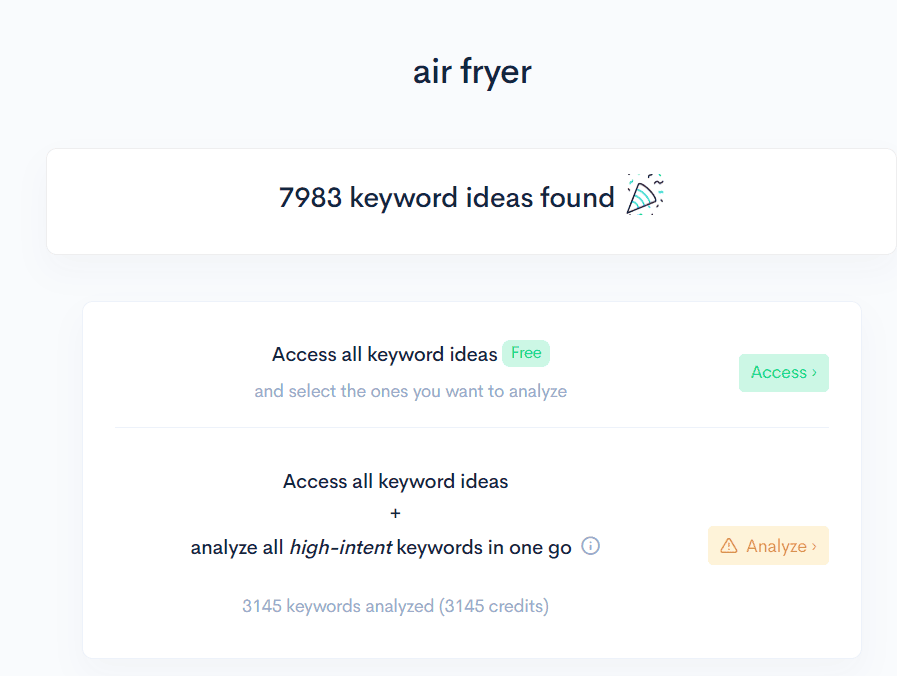 A screenshot of the airflyer dashboard showcasing easy keywords in the air fryer niche.