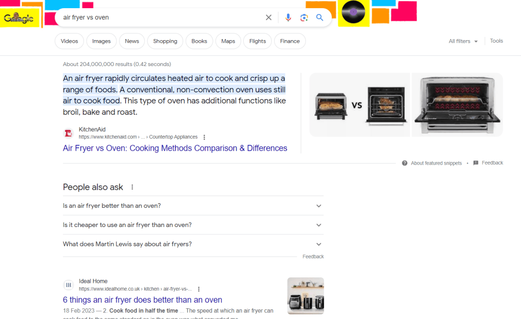 A Google search page featuring an oven picture and a Keyword Search Intent guide.