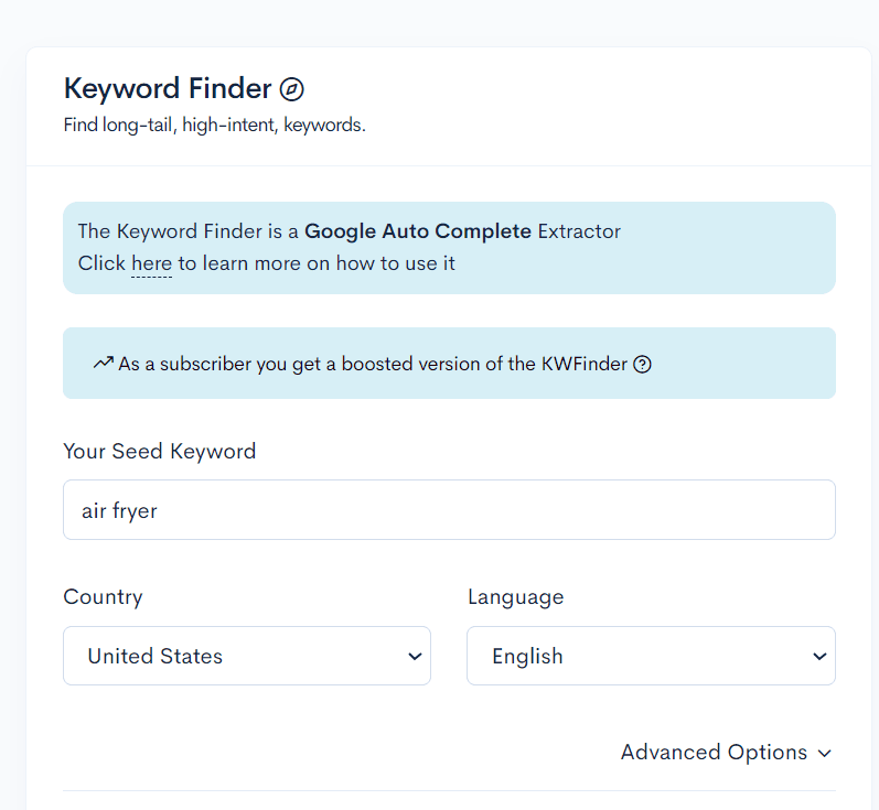 A screenshot of the Google autocomplete keyword finder for different niches like Air Fryer, Pets, and Travel.