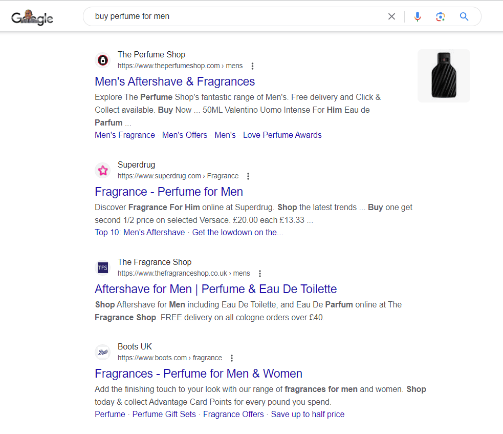 A comprehensive guide for keyword search intents on a Google search page for a perfume.