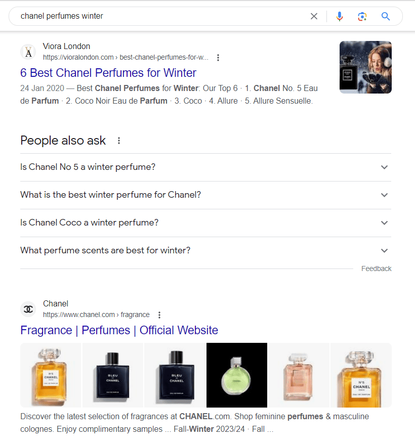 Google search results for chanel perfume with Keyword Search Intent.