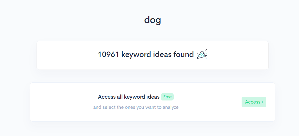 A screen displaying "keyword ideas found" for Pets & Travel.