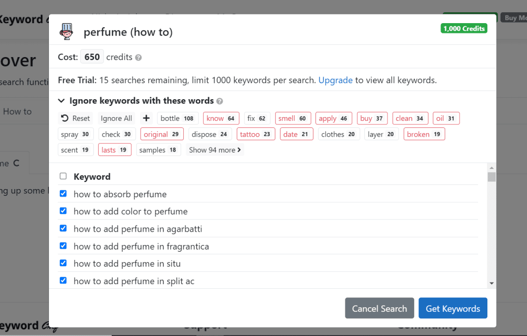 A screenshot of a page showing the settings for a keyword.