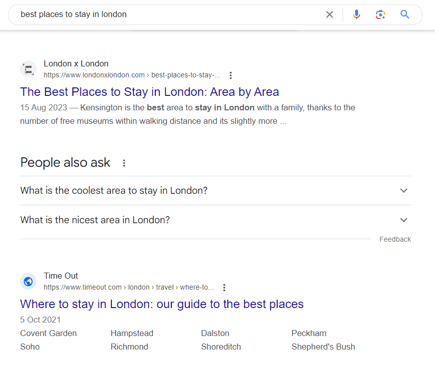 Google search results for hotels in london.