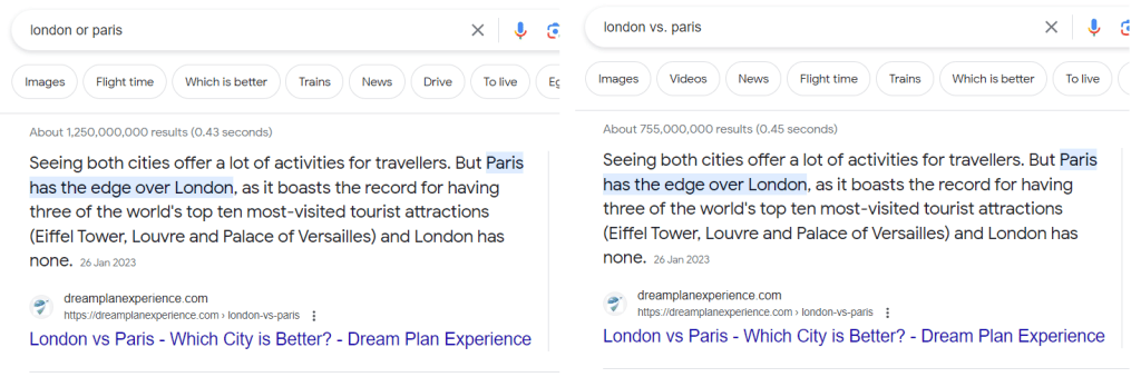 Two screenshots of a Google search page with keywords.