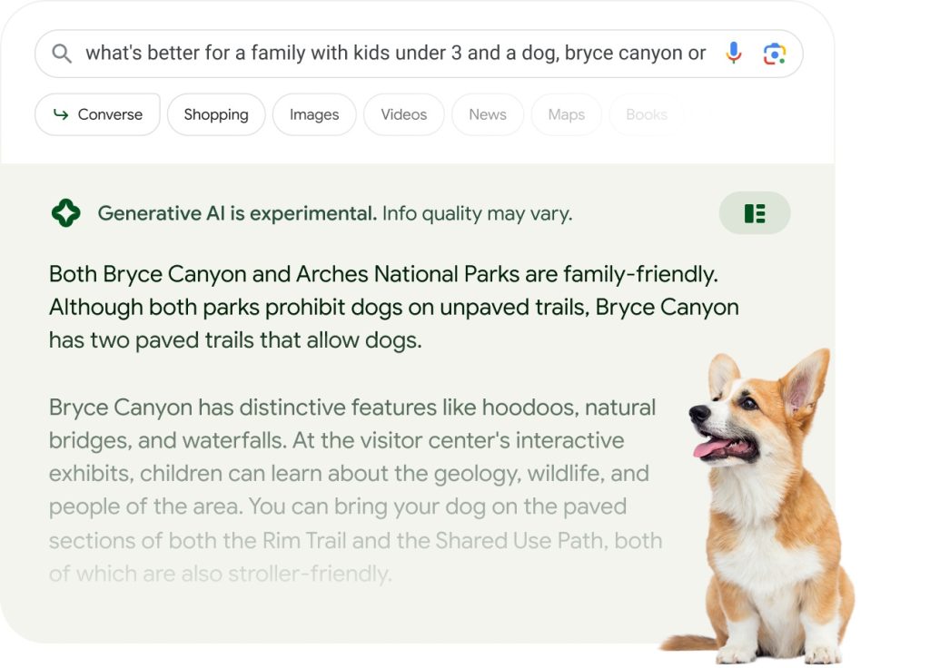 A dog is standing in front of a Google search page.