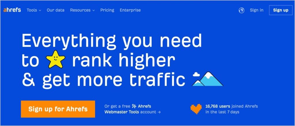 Ahrefs homepage, a popular SEO tool.