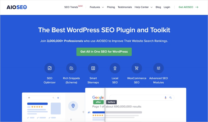 All in One SEO homepage, an SEO WordPress plugin.