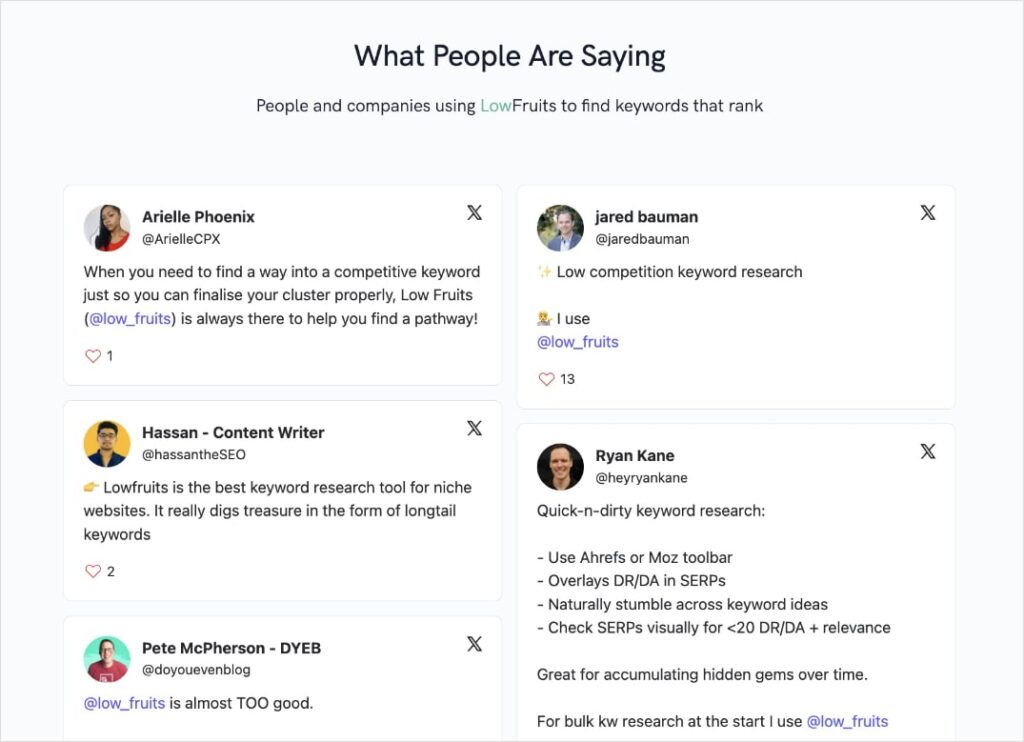 Customer testimonials on LowFruits.