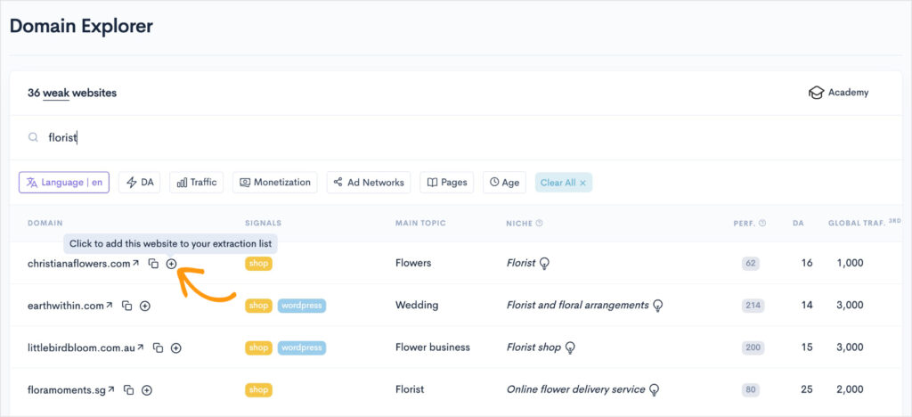 LowFruits domain explorer reveals competitor websites.