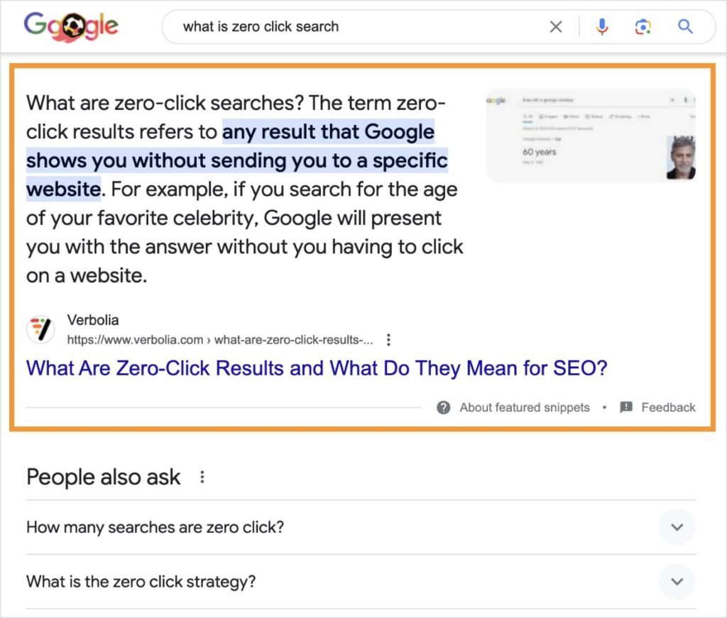 Featured snippet on Google explaining a zero click search.