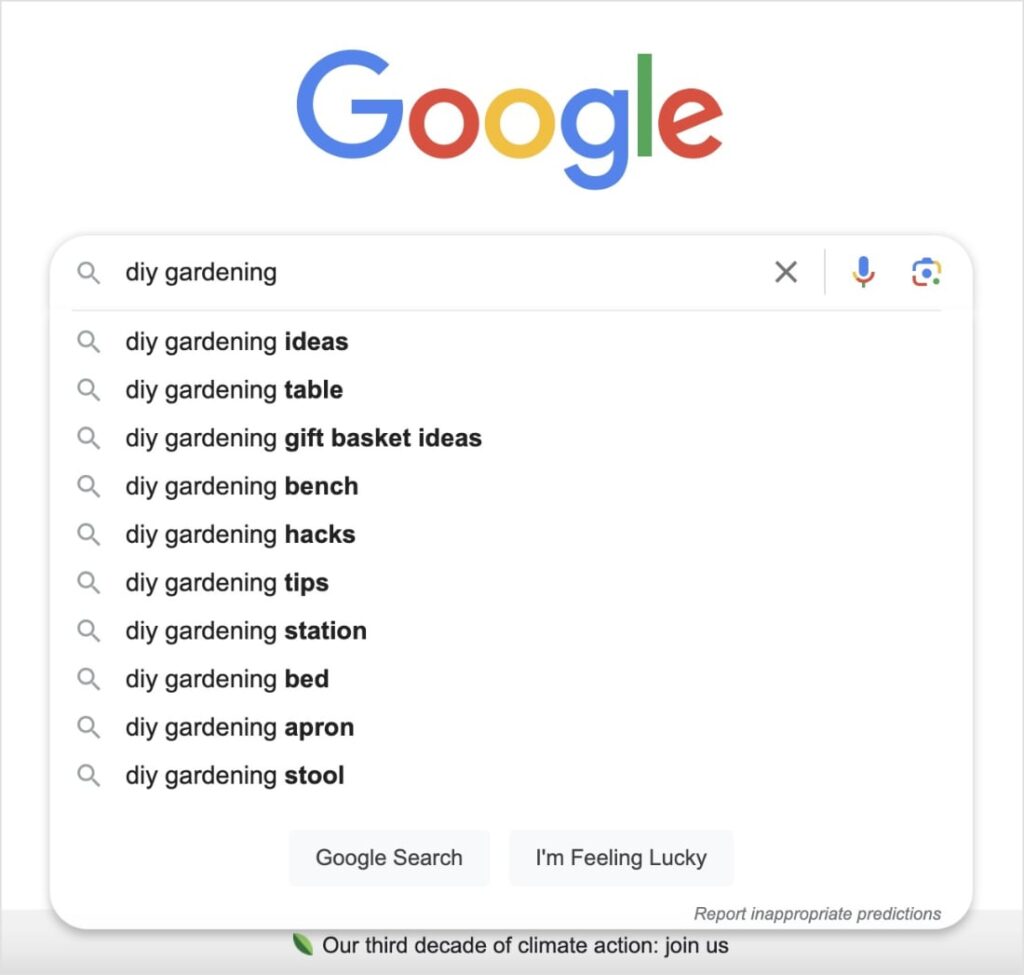 Google Autocomplete suggestions for the query diy gardening.