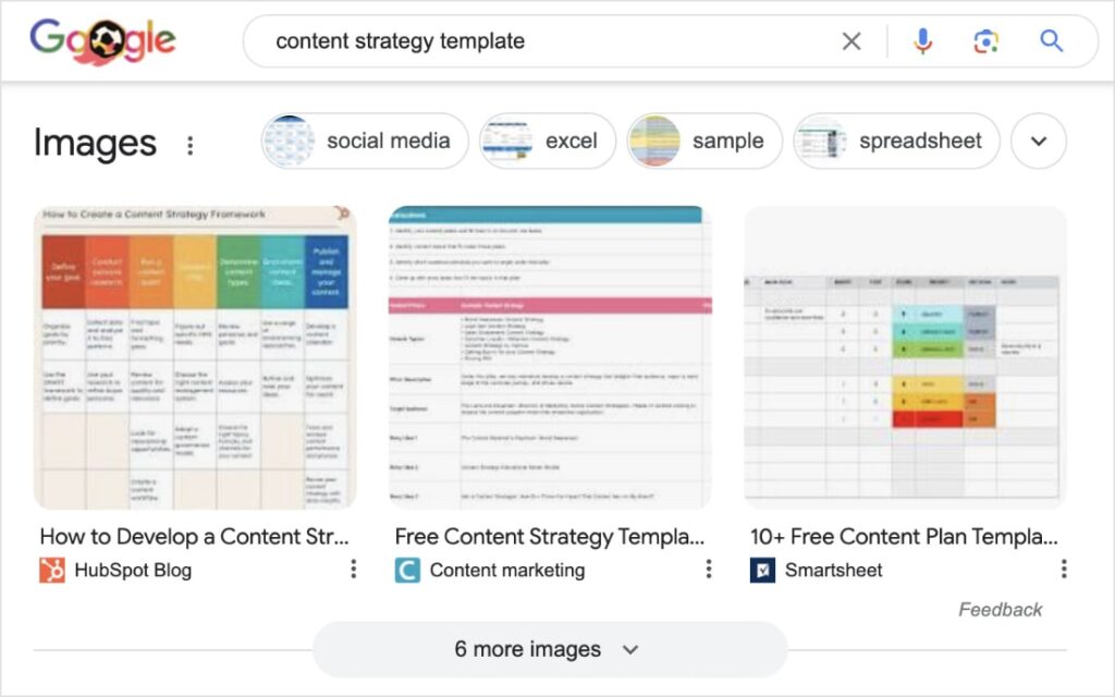 Google Image Pack on the SERP for the query content strategy template.