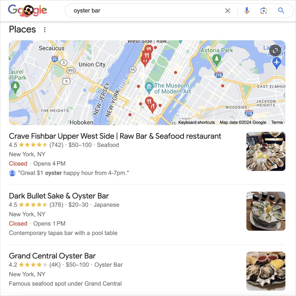 Google local pack SERP feature shows local businesses for oysters.