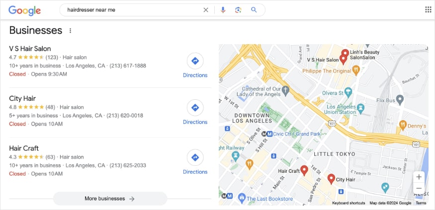 Google local business results for the query hairdresser near me.