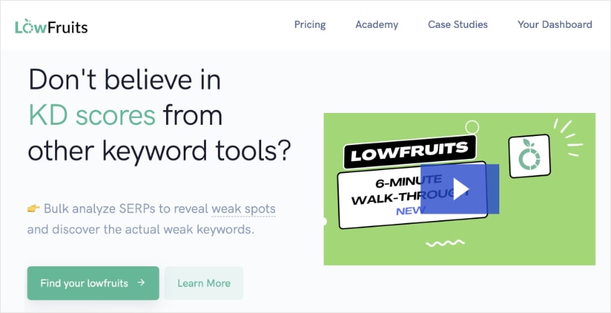 LowFruits homepage, a leading keyword research tool.