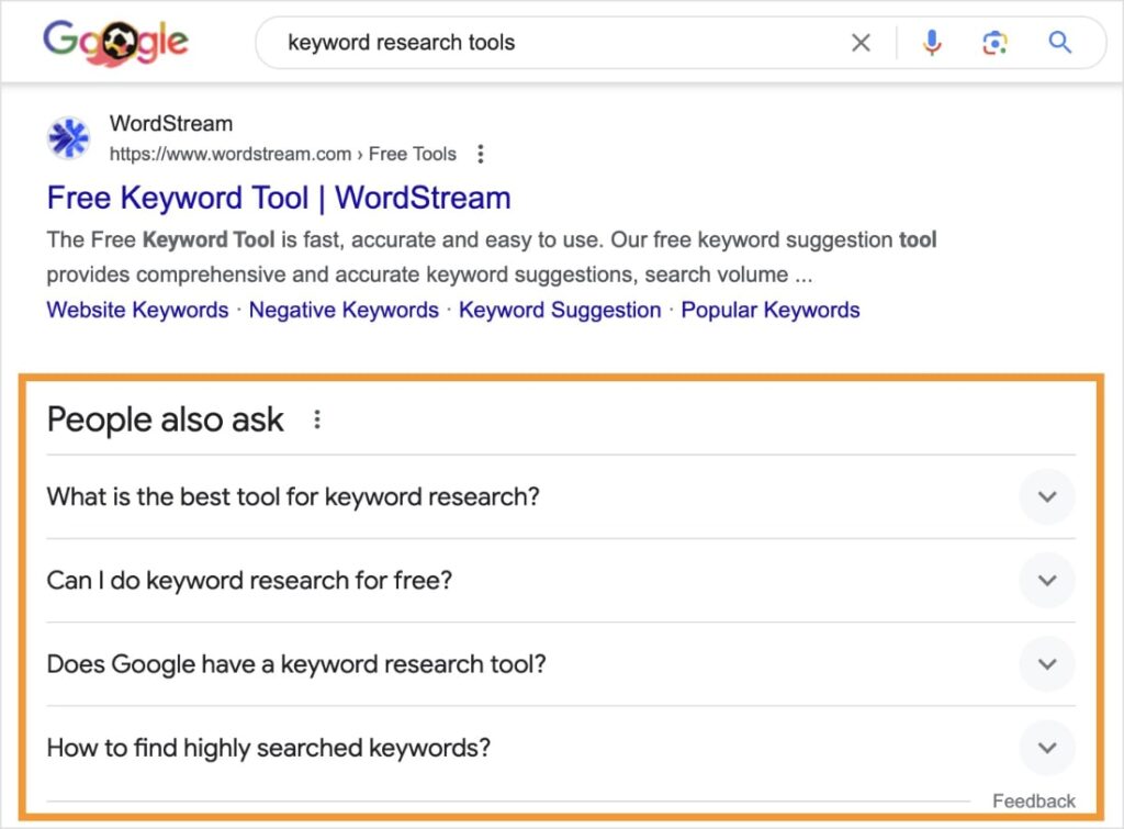 People also ask box on Google for the query keyword research tools.