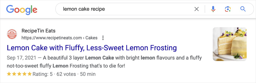 Google recipe snippet for lemon cake.