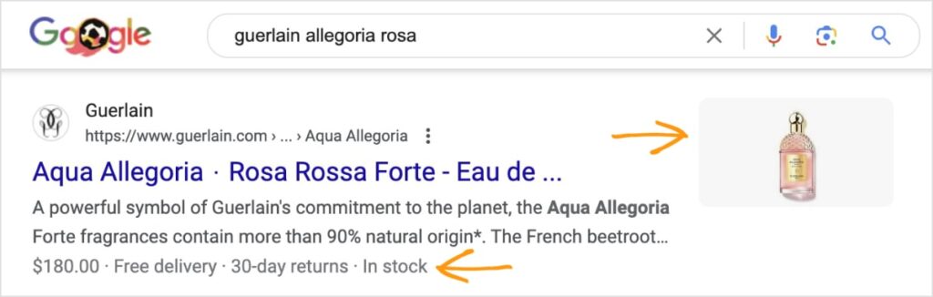 Rich snippet for Guerlain Allegoria Rosa shows an image and product information.