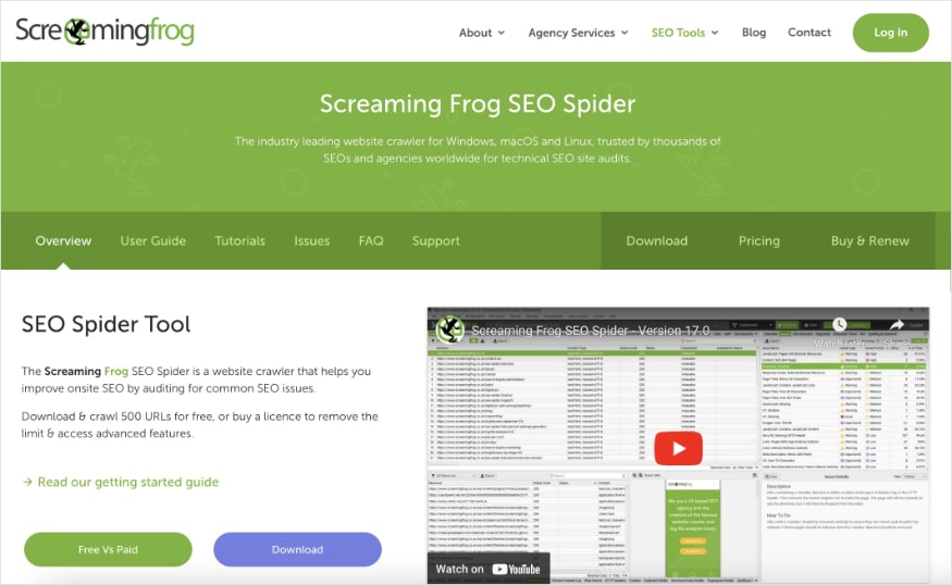 Screaming Frog homepage, a free SEO audit tool.