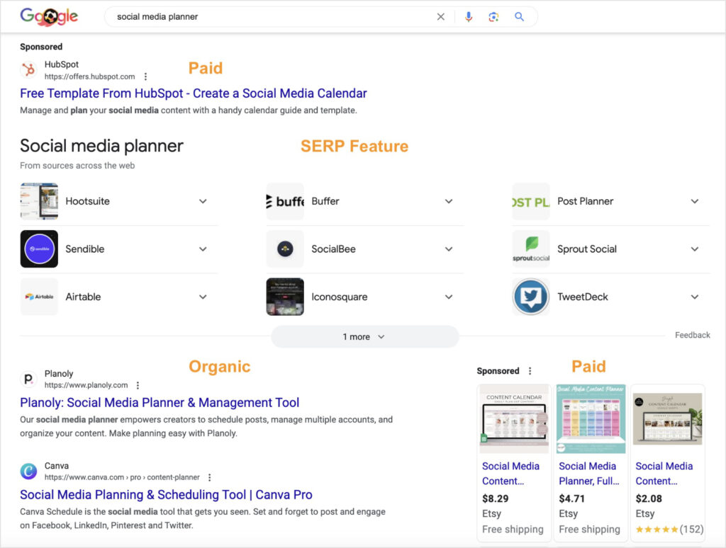 Google SERP for the query social media planner shows paid and organic results and SERP features.