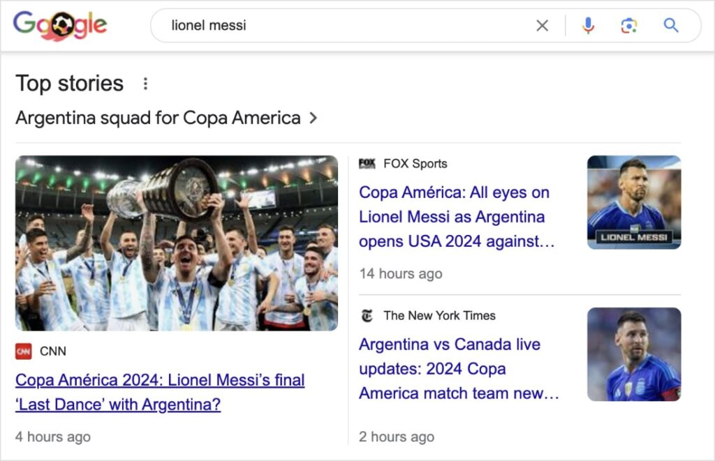 Google top stories for the search Lionel Messi.