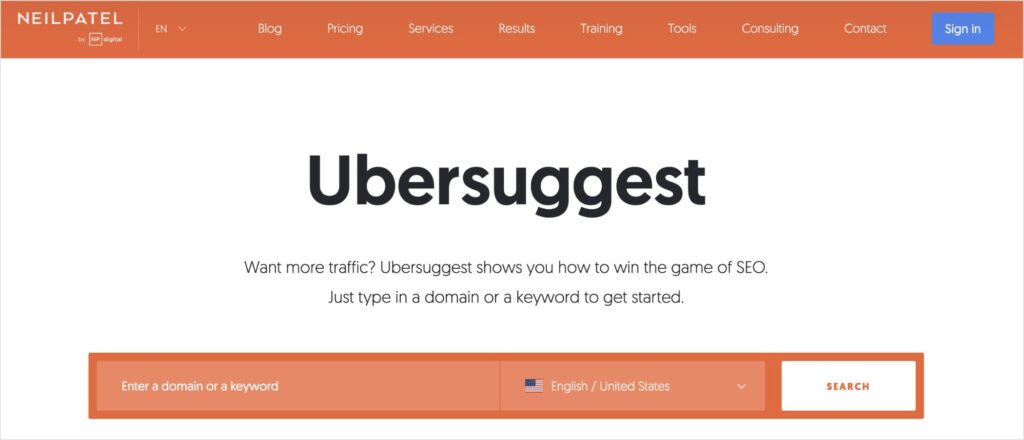 Ubersuggest homepage, a keyword research tool for SEO.