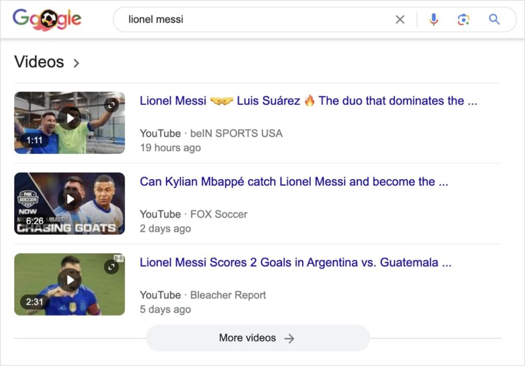 Google video carousel on the SERP for the search Lionel Messi.