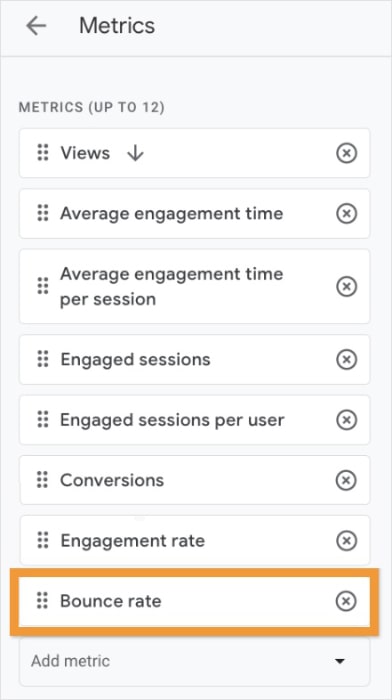 Add bounce rate in GA4 metrics.