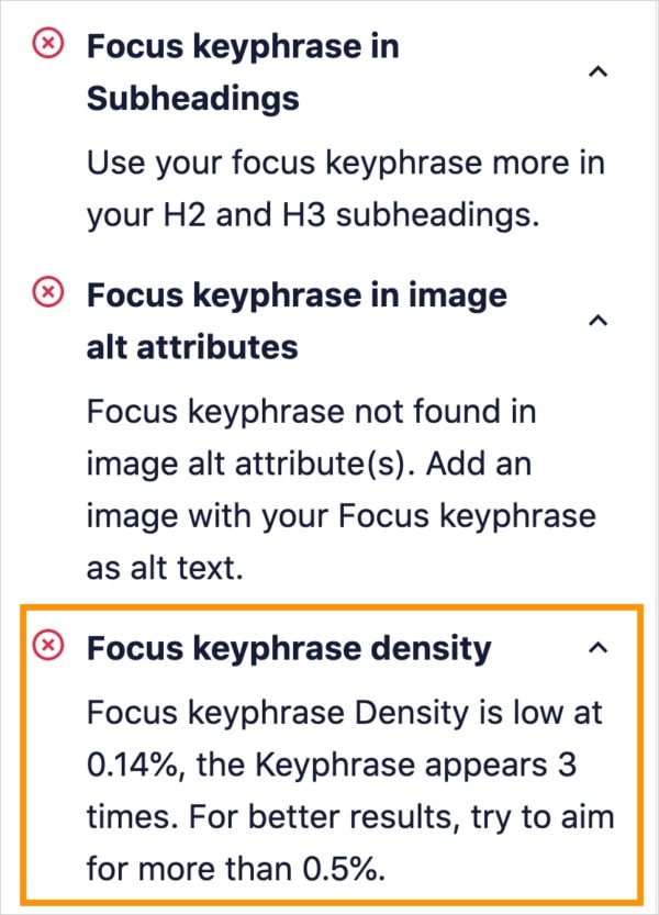 List of items that can be improved in the focus keyphrase checklist.