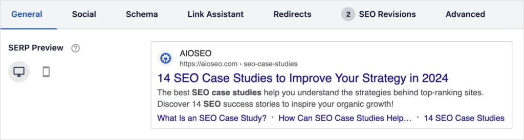 AIOSEO SERP preview in WordPress.