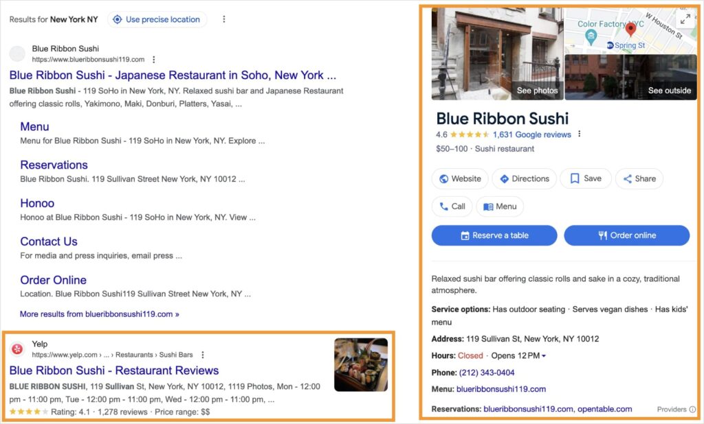 Google Business Profile and Yelp page for Blue Ribbon Sushi.