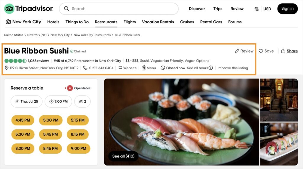 Blue Ribbon Sushi Tripadvisor page with name, address, and phone number.