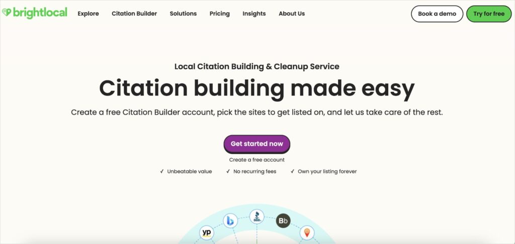 BrightLocal citation builder landing page.