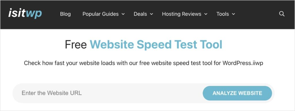 Isitwp landing page for their free website speed test tool.