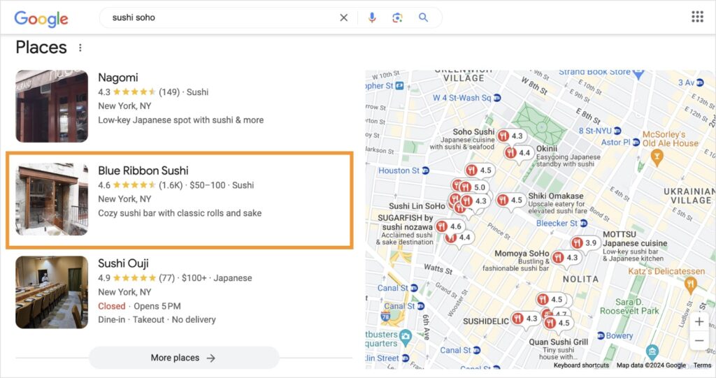 Google local pack for the query sushi soho.