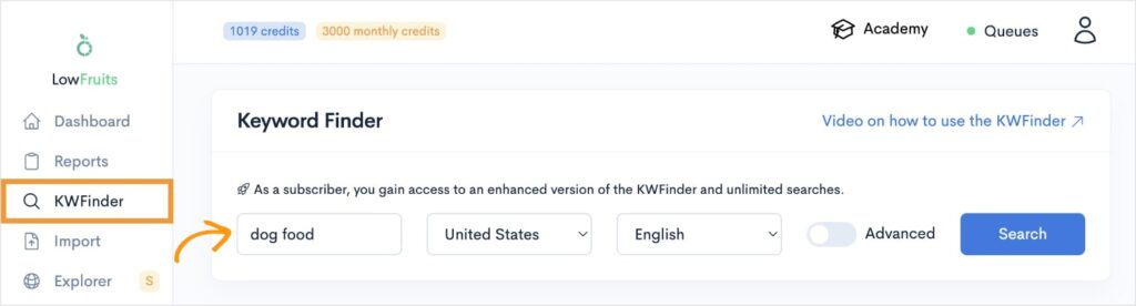 LowFruits KWFinder seed keyword search.