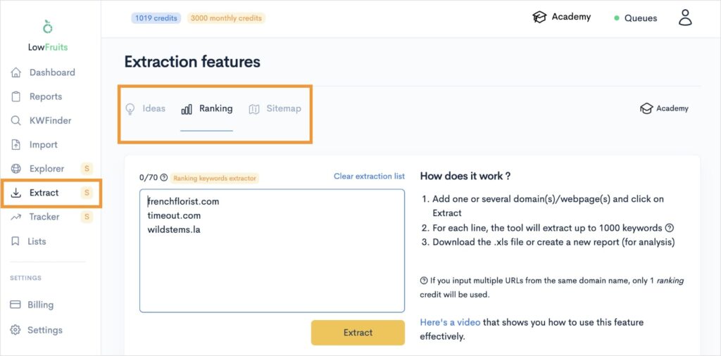 Extraction features with list of competitors' websites.