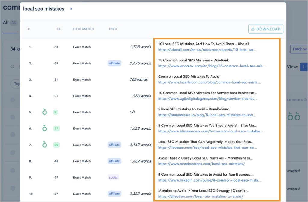 LowFruits shows the top 10 organic results for your keyword.