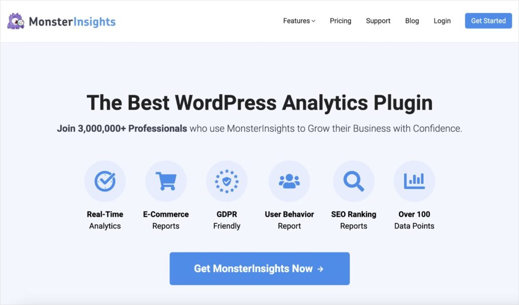 MonsterInsights homepage, a WordPress analytics plugin with rank tracker.