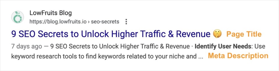 Google search result for the 9 SEO secrets to unlock higher traffic and revenue.