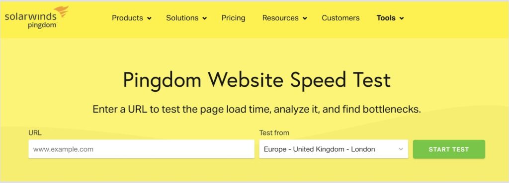 Pingdom homepage, a website speed test tool.