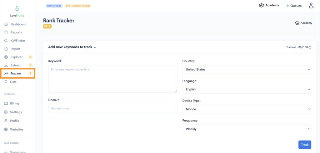 Rank Tracker setup in LowFruits.