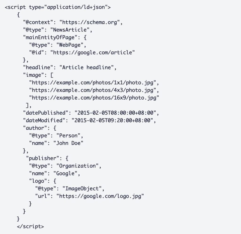 HTML code of schema markup.