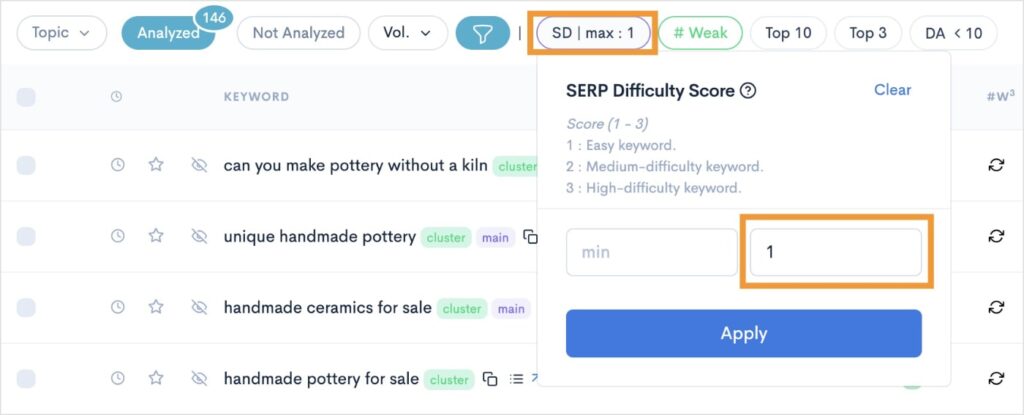 SERP Difficulty Score filter in LowFruits.