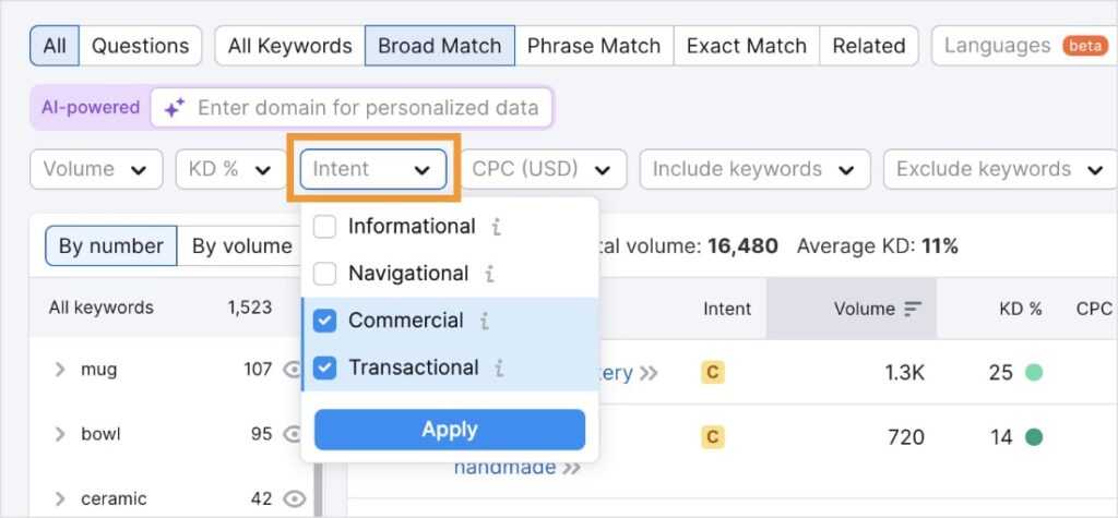 Semrush search intent filter checks commercial and transactional keywords.