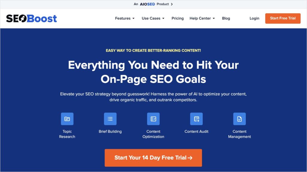 SEOBoost homepage, a content optimization tool.