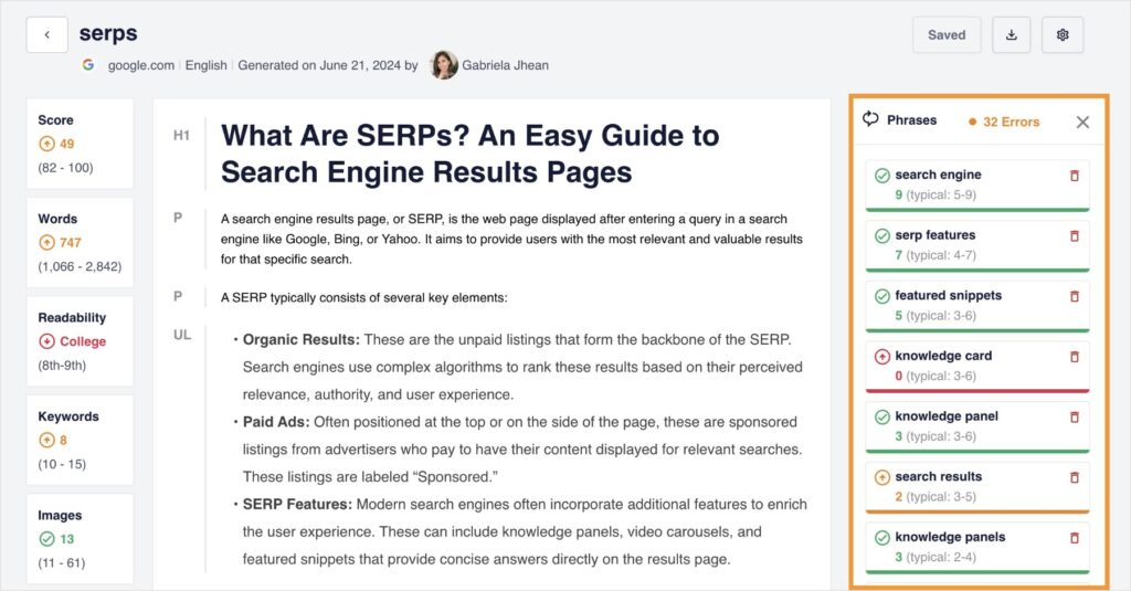 SEOBoost content optimization recommendations for an article about SERPs.