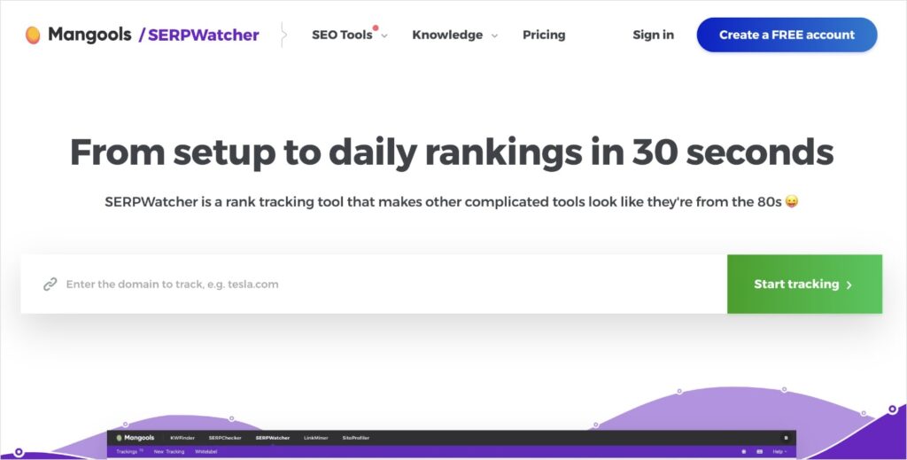 SERPWatcher homepage, a Mangools rank tracker.