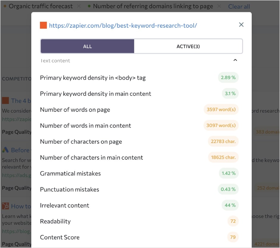 Additional content insights in SE Ranking.